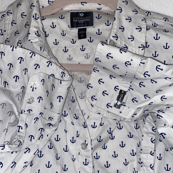 Express The Essential Shirt button down long sleeve white blue anchors S P - Picture 4 of 7